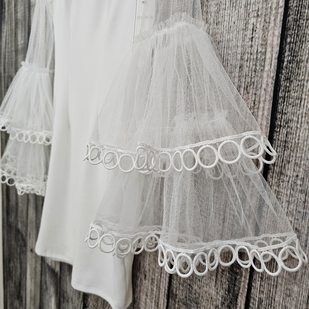INA White Knit Nwt Mini Sheath Dress with Mesh Tiered Bell Sleeves - Picture 8 of 17